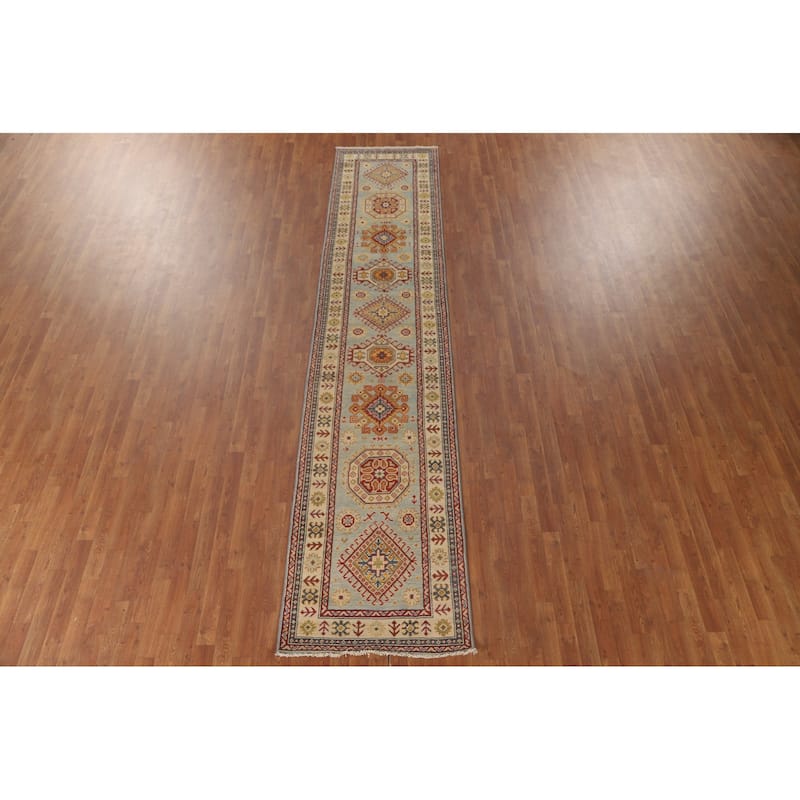 Kazak Runner Rug Handmade Traditional Blue Wool Carpet - 2'9" x 12'11"