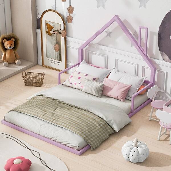 slide 2 of 9, Full Size Metal Floor Bed with House-shaped Headboard and Fence for Boys and Girls Full - Pink