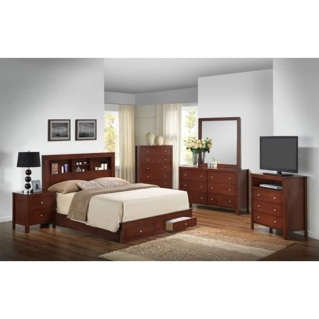 Roomfitters Full Wood Platform Storage Bed with Bookcase Headboard and Footboard Drawers, No Box Spring Needed, Cherry