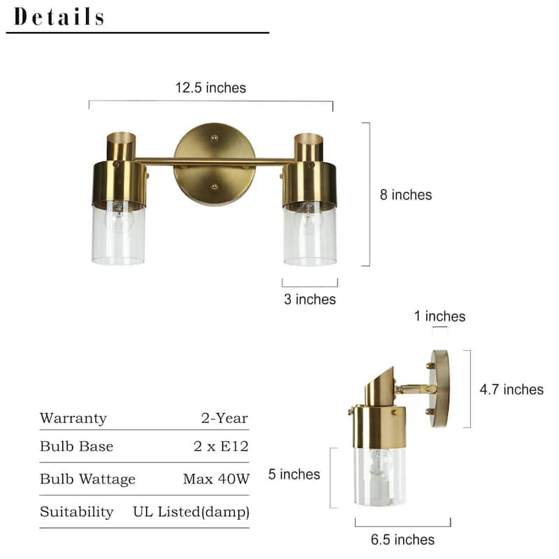 Modern 2/3-Light Dimmable Gold Bathroom Vanity Light Cylinder Glass Wall Sconces