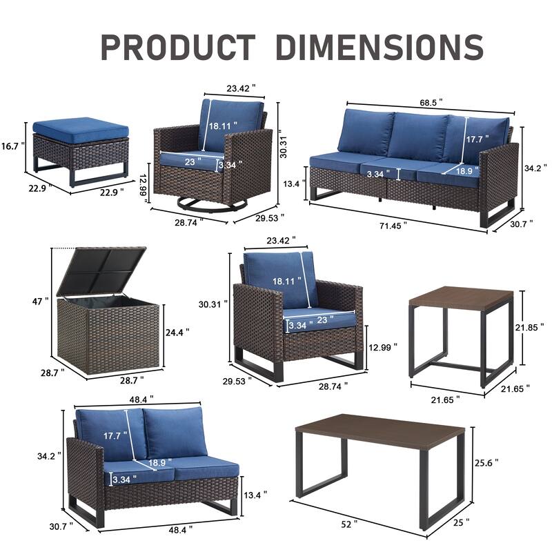 Gymojoy 9-11 Person Outdoor Courtyard Wicker Family Party Conversation Set Group With Swivel Chairs And 52" Table