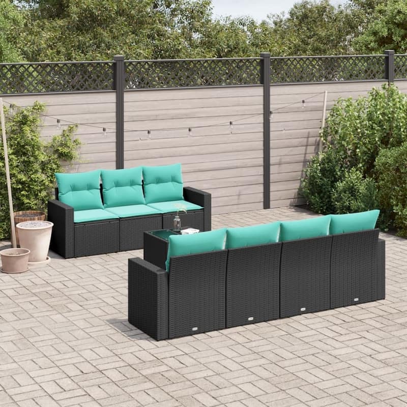 vidaXL Patio Sofa Set with Cushions Outdoor Furniture 8 Piece Poly Rattan - 25.8" x 24.4" x 27.2" - Black and blue
