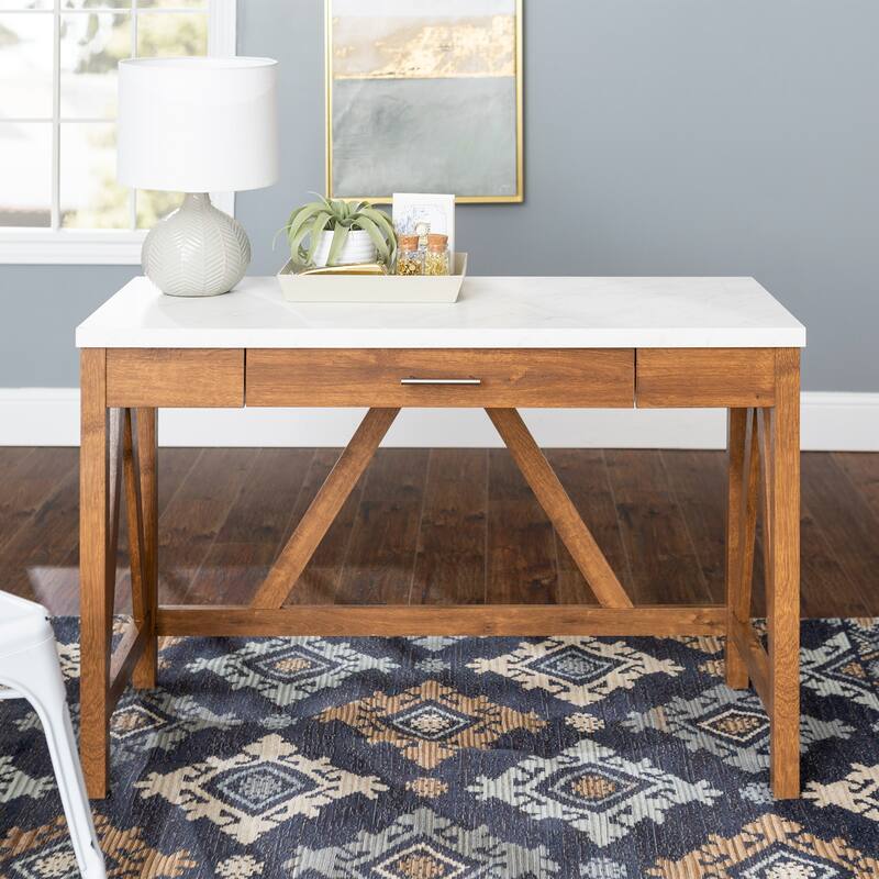 Middlebrook Designs Paradise Hill A-Frame Writing Desk - Natural Walnut / White Faux Marble