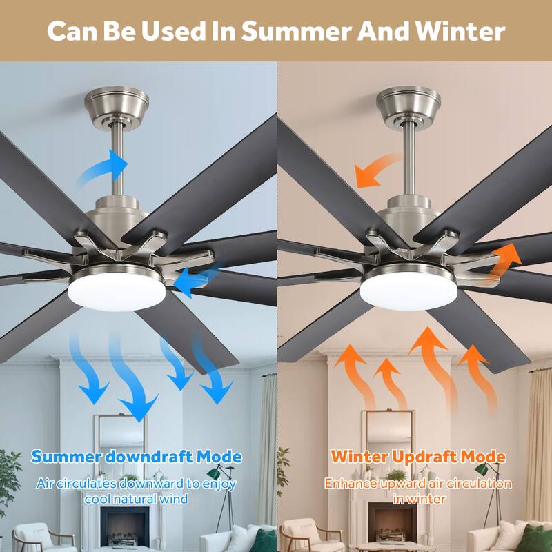 52/66/72/84 Inch Smart Ceiling Fan with Light ,Wall Switch, APP Control,Dimmable LED,8 Blades
