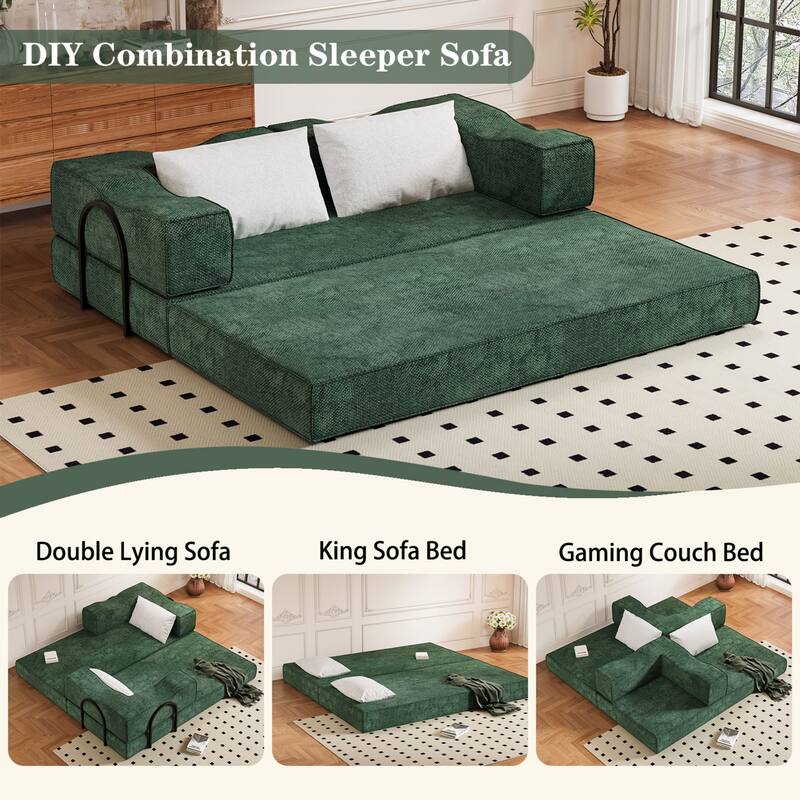 80" Convertible Sofa Bed with 2 Pillows, 2-Seat Folding Floor Couch, Multifunctional Chenille Loveseat Living Room Sleeper Sofa