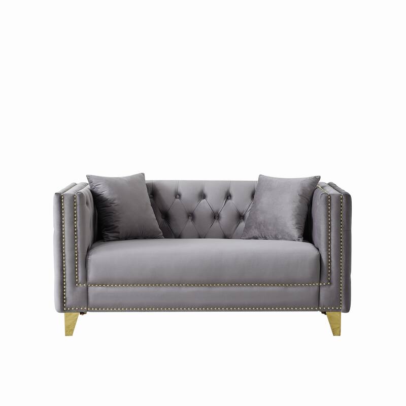 Velvet Upholstered Loveseat, Button Tufted 2 Seater Deep Seat Couche, Lounge Sofa with Nailhead Trims & Square Arms