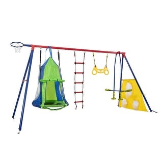 6 in 1 Steel Outdoor Backyard Children Swing Set with Hanging Ring - 6-in-1
