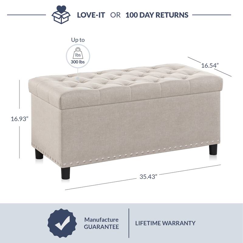 ButtonTufted Ottoman Linen Storage Bench with Safety Close Hinge for