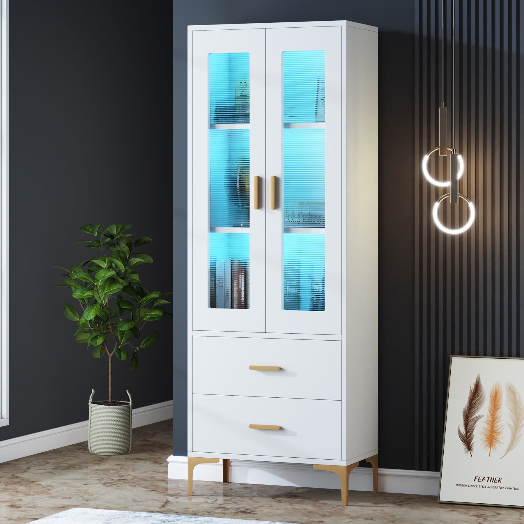 Bookcase with Doors and 2 Drawers White Bookshelf with 15 Color