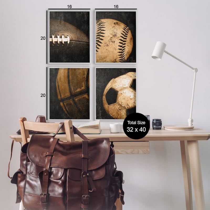 Stupell Distressed Vintage Sports Balls Framed Giclee Art Design By Kim Allen (Set of 4)