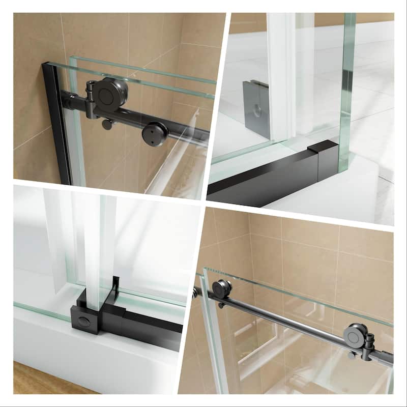 Modland 44-48" x 72'' Semi-Frameless Sliding Shower Enclosure - 3/8" SGCC Glass, Matte Black/Brushed Nickel