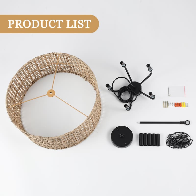 5 - Light Dimmable Drum Chandelier Natural Rattan Bohemian & Coastal Pendant - 18.9 in