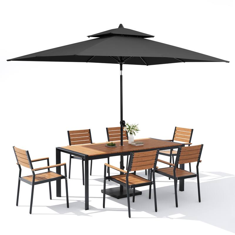 9-Piece Outdoor Patio Dining Set Wood Like Aluminum Umbrella Hole Table with Stackable Armchairs, Market Umbrella and Base