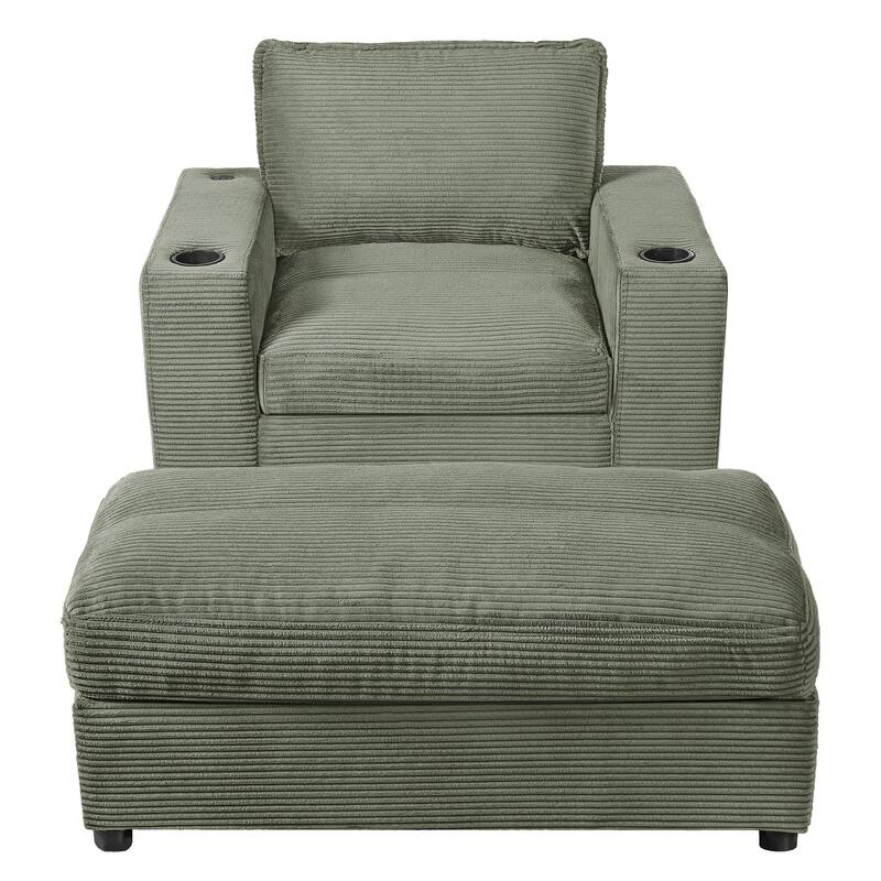 42.8" Oversized Chaise Lounge Chair with Storage Ottoman, Corduroy Sofa Bed with Cup Holders & USB Charging Port