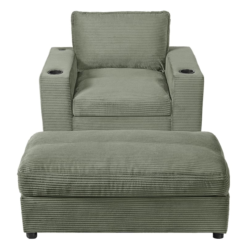 Roomfitters Oversized Chaise Lounge Chair with Storage Ottoman and Built-in USB Charging Port, Corduroy Sleeper Couch