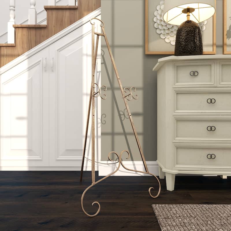 Metal Scroll Large Adjustable 3 Tier Display Easel with Chain Support - Gold, Gray or Silver - Roche River Decor