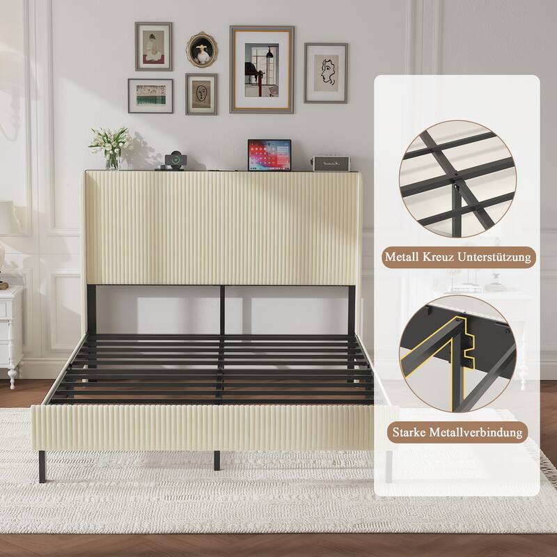 Roomfitters Metal Platform Bed Frame with Charging Station, Heavy Duty Mattress Foundation, No Box Spring Needed, Beige