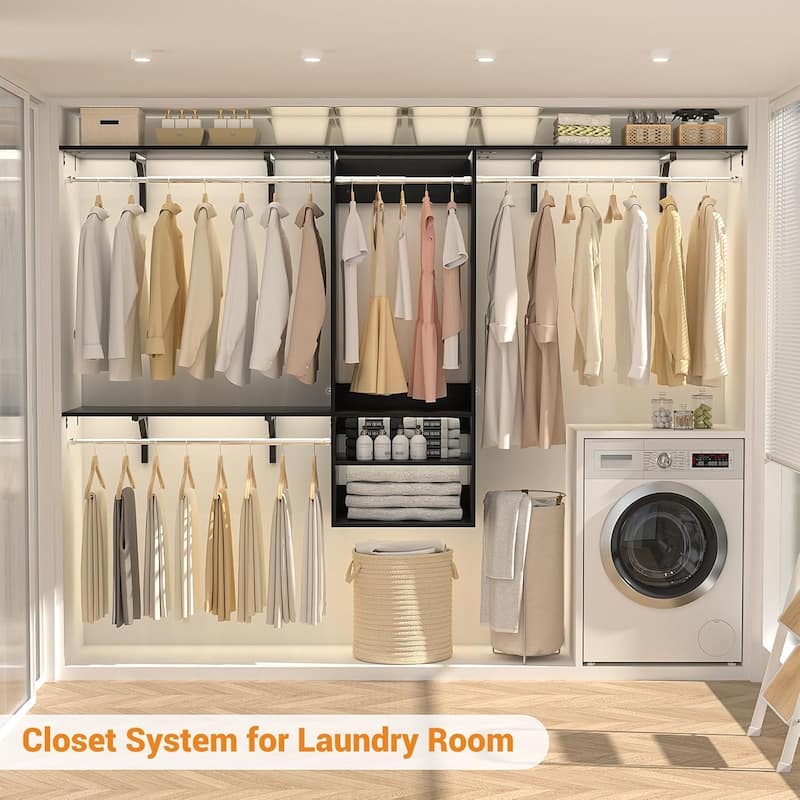 Rackcog 96'' Hanging Closet System with 3 Shelving Towers and 3 Hanging Rods,Wall-Mounted Walk-in Closet Organizer