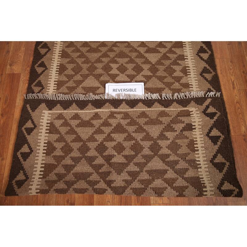 Brown Geometric Kilim Oriental Rug Flat-weave Wool Carpet - 3'4" x 4'10"