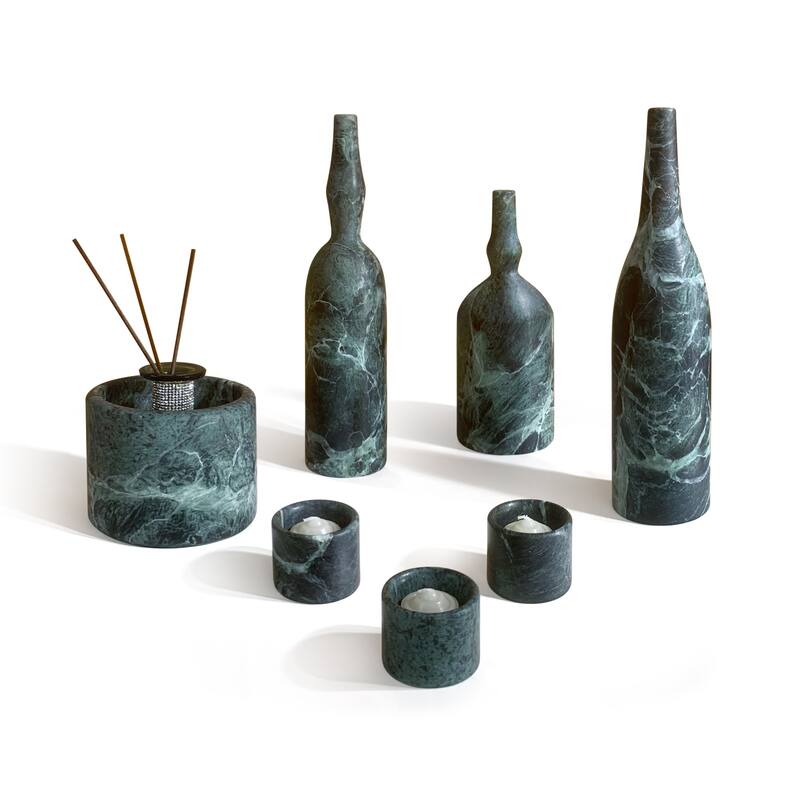 Roomfitters Natural Marble Living Room Accessories Set, Luxury 7-Piece Stone Decor Collection