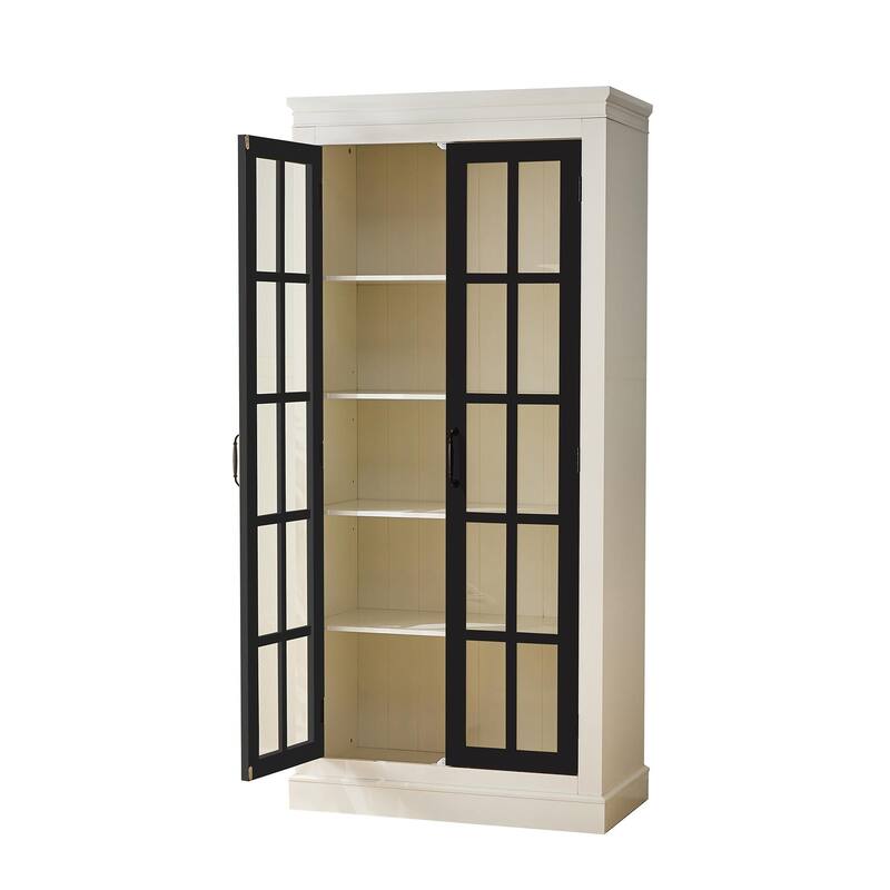 71.2'' Freestanding Pantry Cabinet with Glass Door, Farmhouse Display Cabinets with Storage, Curio Cabinet with Lattice Window