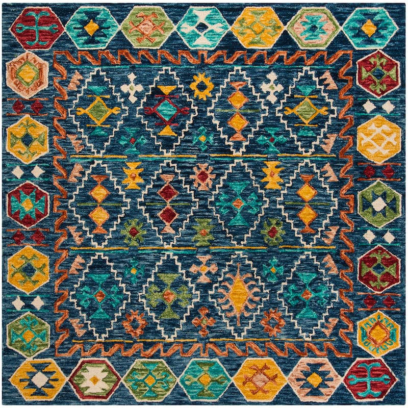 SAFAVIEH, Handmade Aspen Pavica Boho Tribal Wool Rug - 3' Square - Navy/Gold