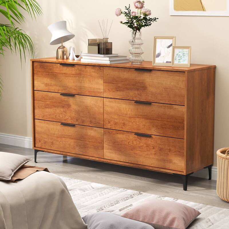 Cherry MDF Engineered Wood Storage Chest with Metal Legs and Drawers