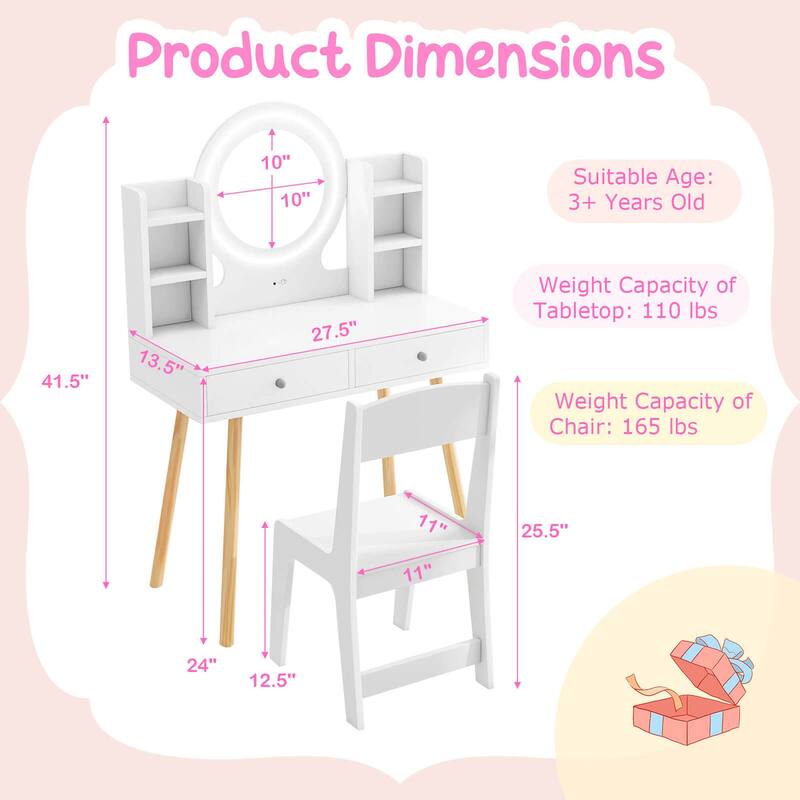 Costway Kids Vanity Set Princess Vanity Desk Set with 2-Color LED - See Details