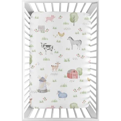 Farm Animals Baby Boy or Girl Fitted Mini Portable Crib Sheet For Pack and Play - Watercolor Farmhouse Horse Cow Sheep Pig