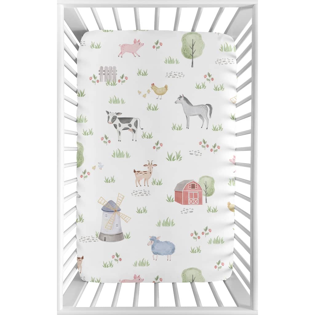 Farm Animals Baby Boy or Girl Fitted Mini Portable Crib Sheet For Pack and Play - Watercolor Farmhouse Horse Cow Sheep Pig