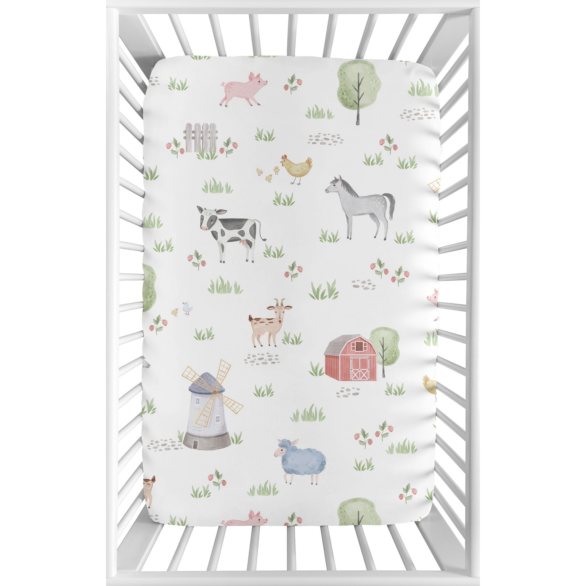 Farm Animals Baby Boy or Girl Fitted Mini Portable Crib Sheet For Pack and Play - Watercolor Farmhouse Horse Cow Sheep Pig