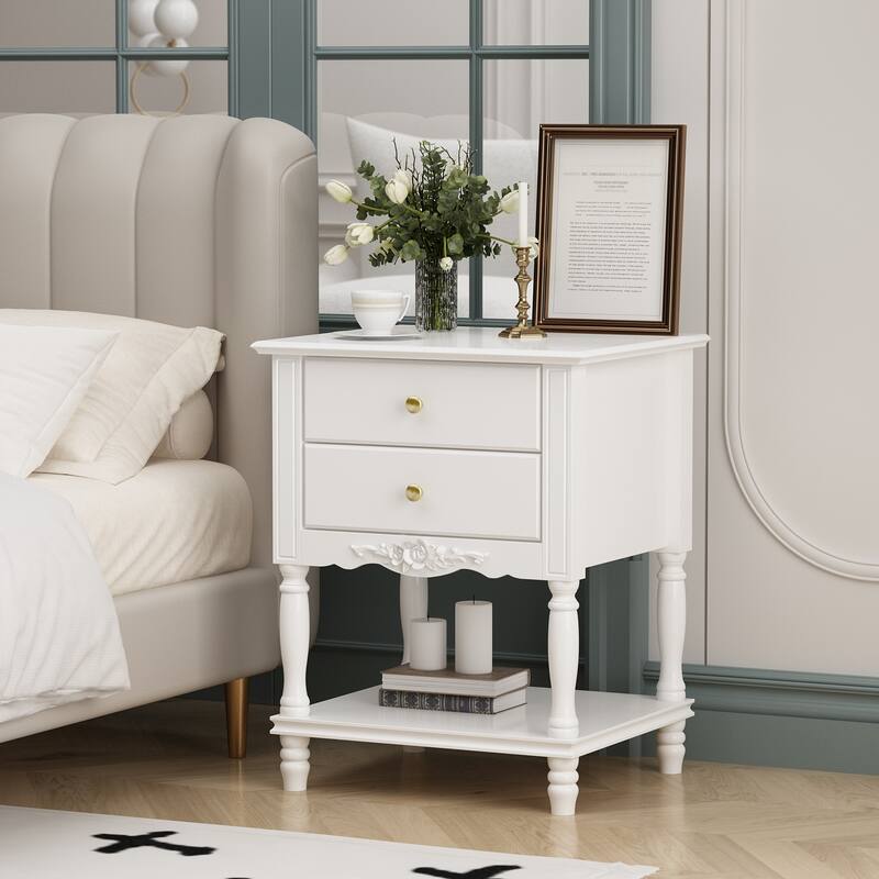 Nightstand Side Tables Drawers and Open Storage Shelf White Lacquer