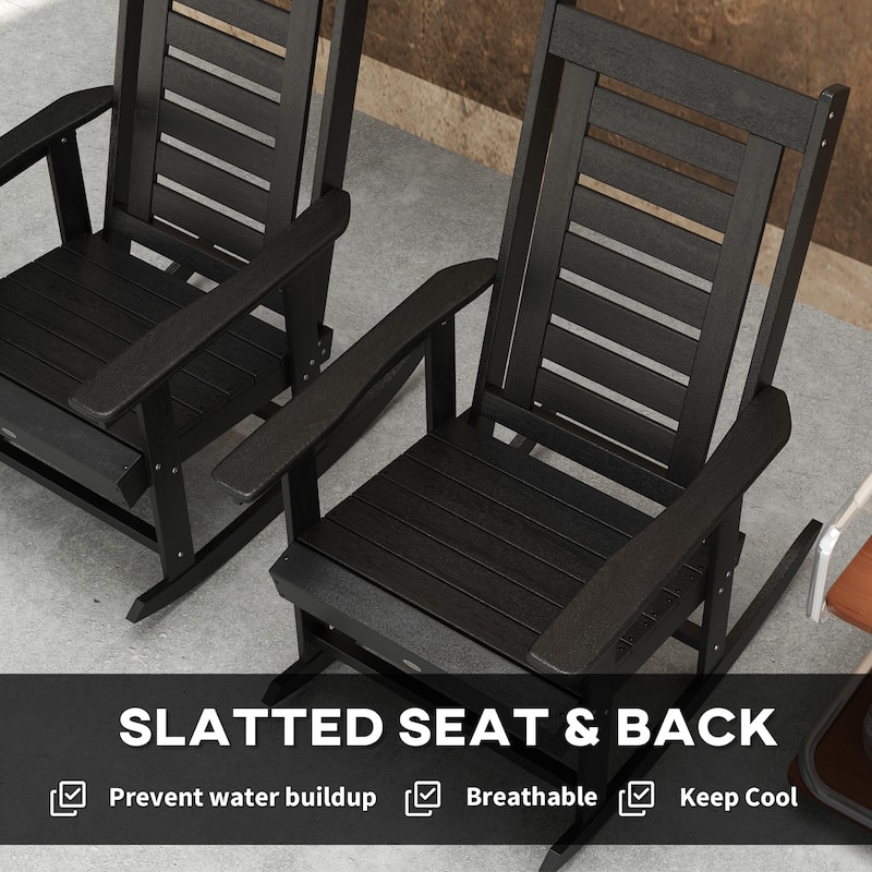 Set of 2 Outdoor HDPE Rocking Chairs with Slatted Back and Comfortable Armrests for Patio or Porch - 25.6" W x 35" D x 40.6" H