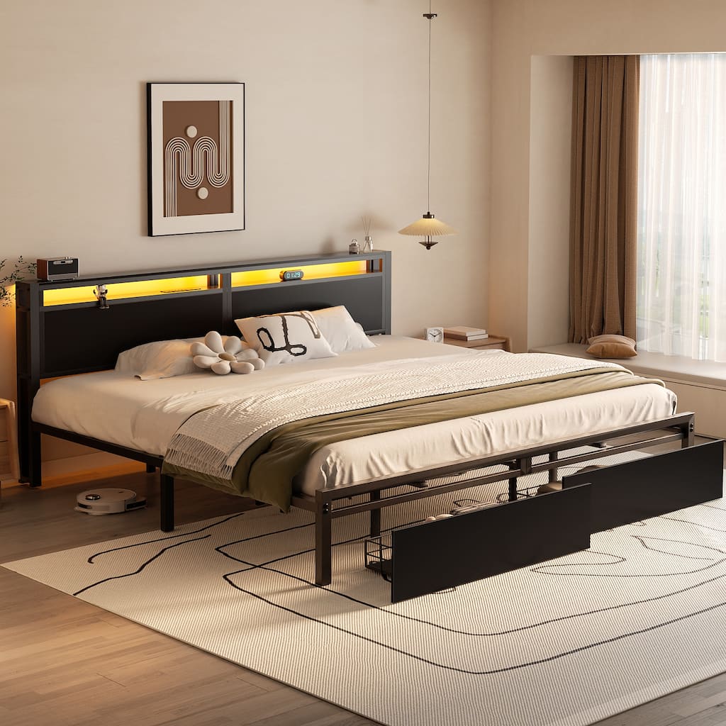 Platform Bed with Storage Headboard, Bed Frame with Charge Station and LED Light
