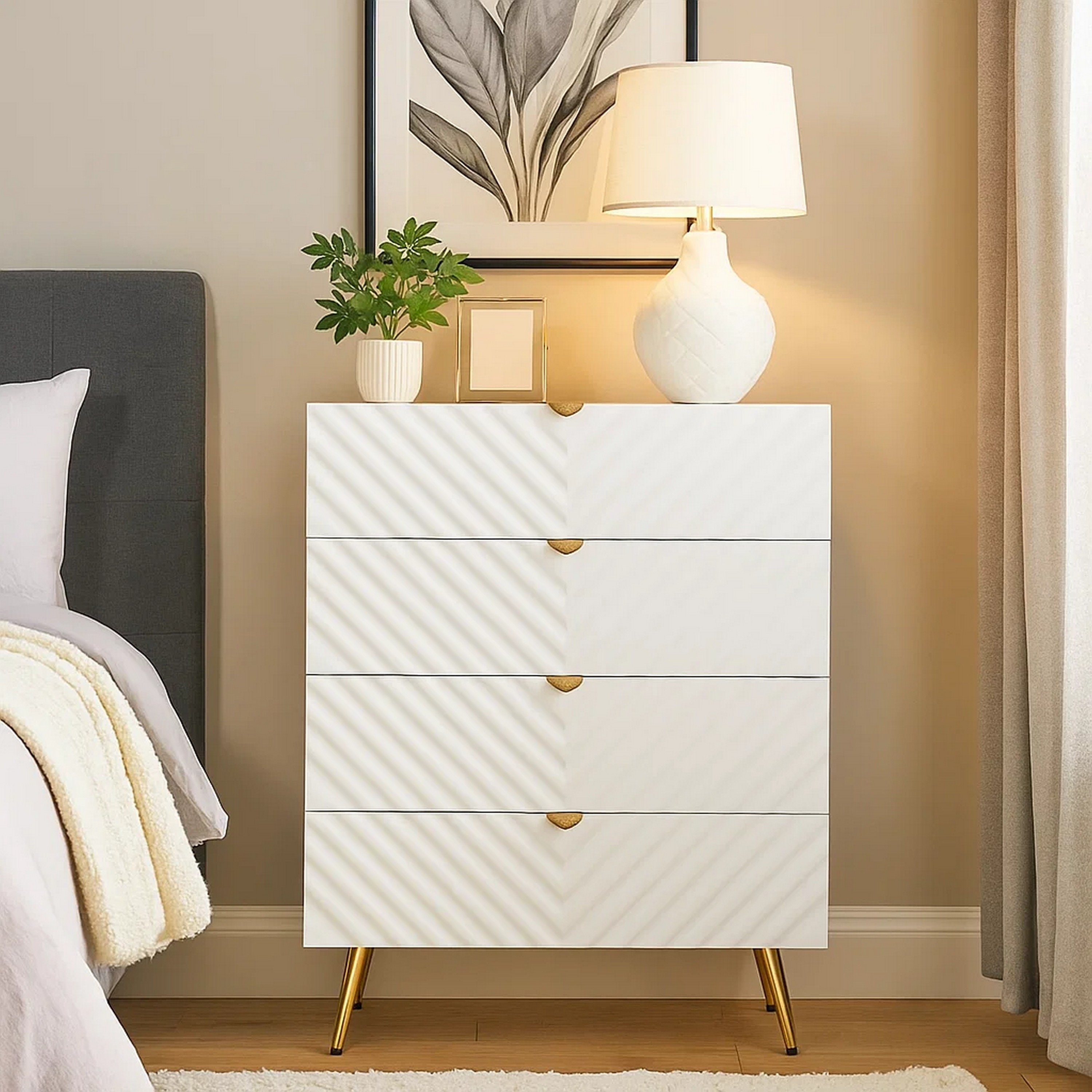 white and gold dresser tall Tyra Chest, 5 Wave Pattern Drawers with Handles, BRAND:ROTATE Birger Christensen