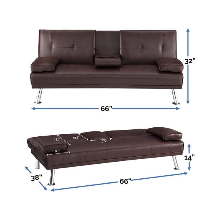 Futon Sofa Bed Couch with Armrest & Cupholders, Faux Leather Sofa Bed Couch Convertible Folding Reclining Small Couch