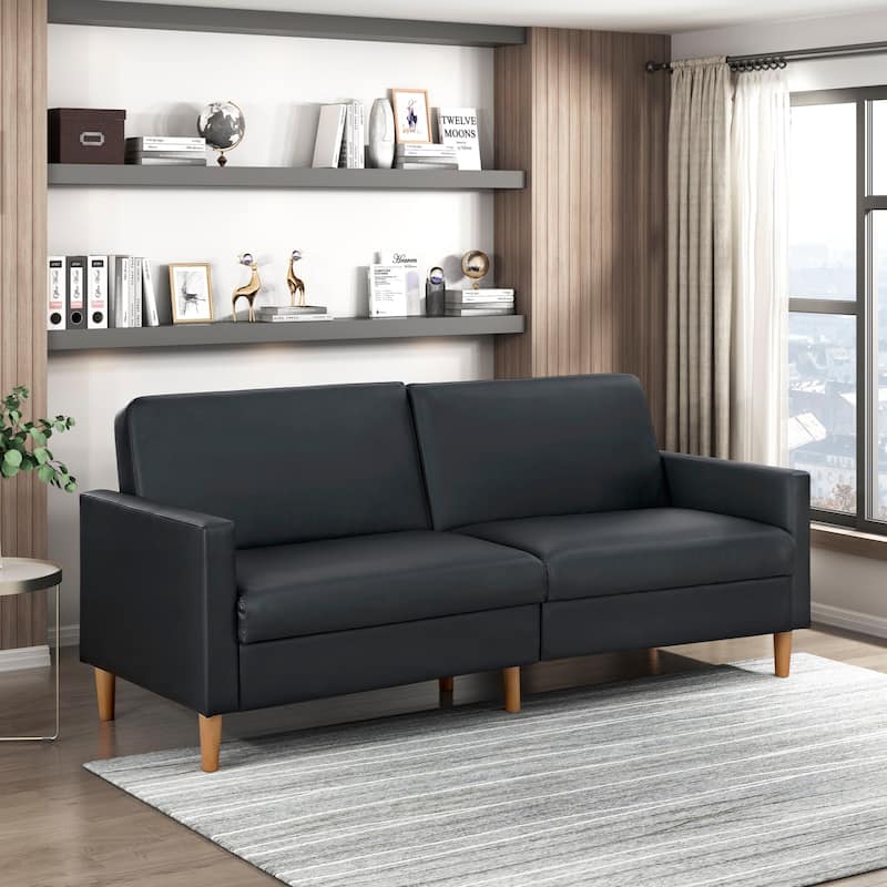 Black Faux Leather Convertible Futon Sofa with Plywood Frame - Multi-Color