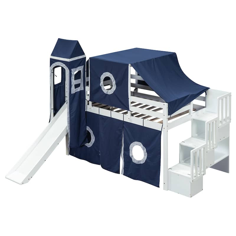 Kids Castle Loft Bed Bunk Bed with Storage Stairs & Slide, Twin, Blue
