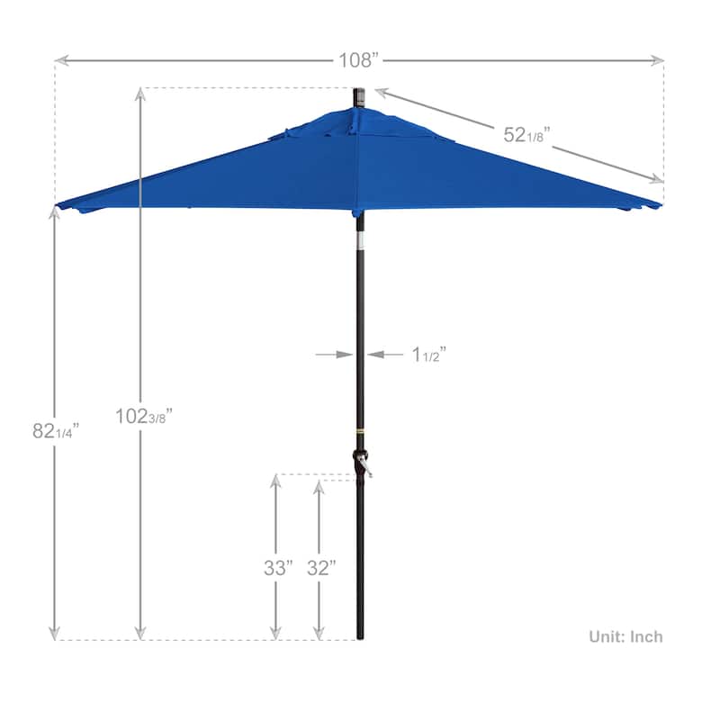 California Umbrella 9' Sunset Series Patio Umbrella Bronze Aluminum Frame and Ribs, Crank Lift Auto Tilt, Olefin Royal Blue