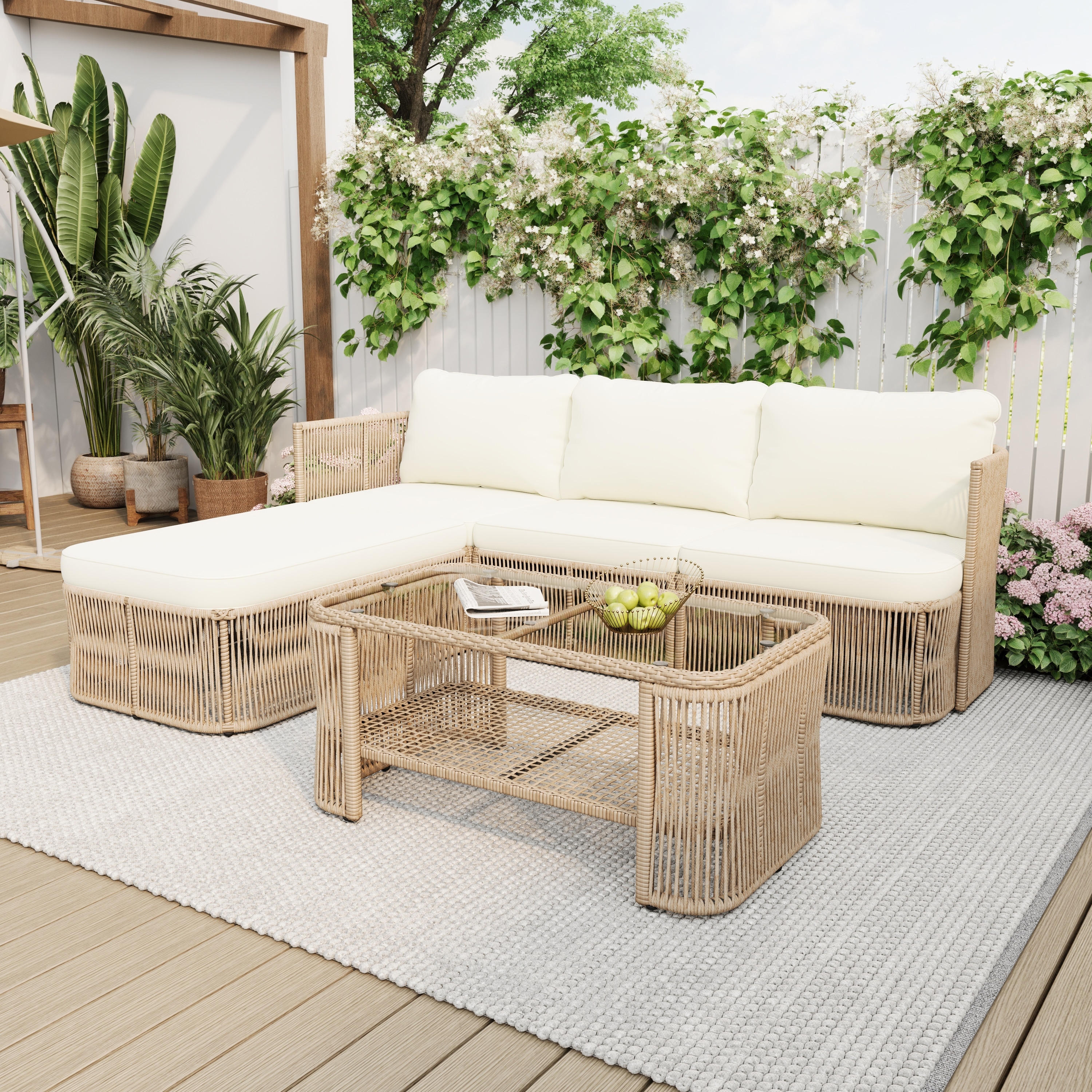 Christopher Knight Home - 5-Piece Modular PE Rattan Patio Conversation Set with Glass Top Coffee Table and Cushions