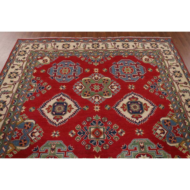 Geometric Red Kazak Area Rug Living Room Hand-Knotted Wool Carpet - 6'8" x 10'3"