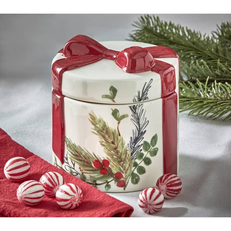 Mistletoe & Holly Decorative Candy Jar - 20oz Ceramic Canister for Winter, Dishwasher Safe, 5.25" H x 4.7" Dia