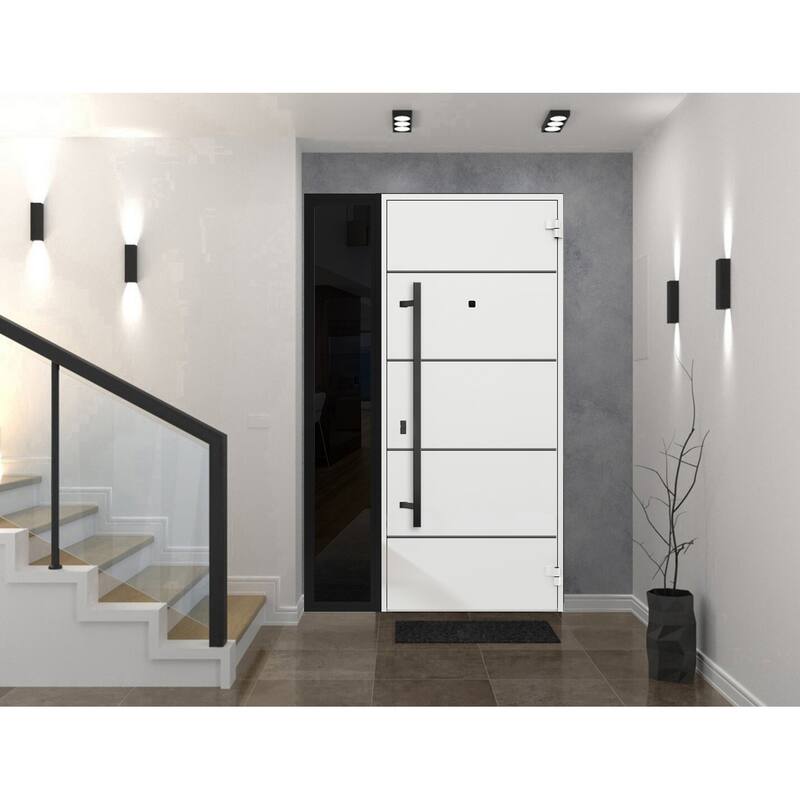 Exterior Prehung Steel Entry Door 0131 Black Enamel 2 Sidelites Top Window Stainless Steel Inserts W16+36+16xH80+16