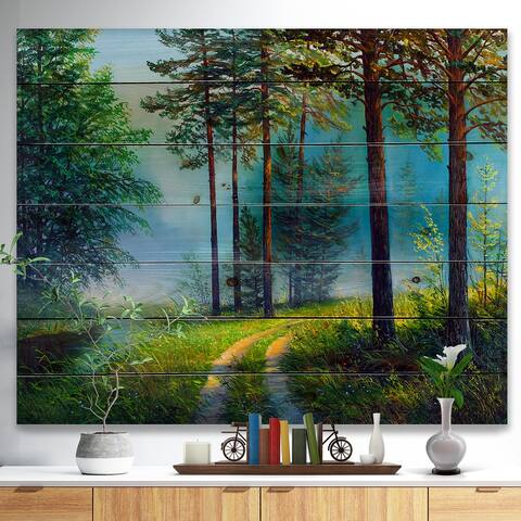 Designart 'Colorful Summer Forest in Waterfall' Landscapes Print on Natural Pine Wood - Green