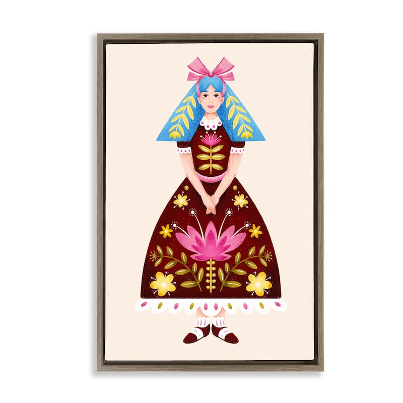Stupell Blue Haired Folk Girl Framed Floater Canvas Wall Art Design By Hannah Moren - 21 x 31 - Brown