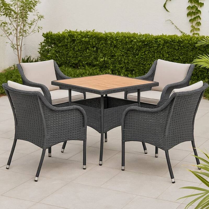 Outdoor Dining Table, 31 Inch Square Acacia Wood Top Black Rattan Base