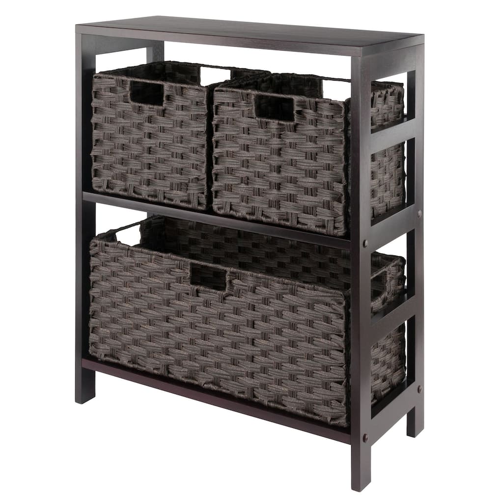 Leo 4-Pc Storage Shelf with 3 Foldable Woven Baskets, Espresso and Chocolate - 25.2 x 11.22 x 29.21 inches