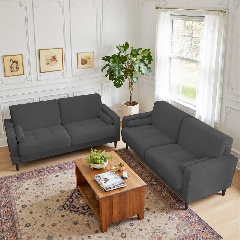 Modern Corduroy Upholstered Loveseat with Bolster Pillows and Wood Legs