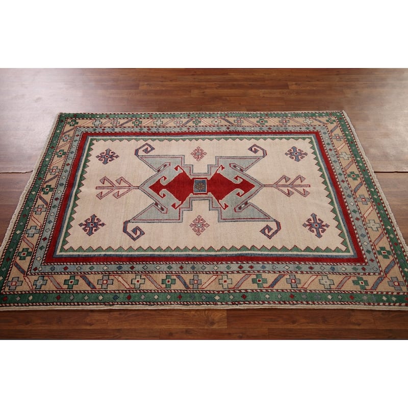 Ivory Geometric Kazak Oriental Area Rug Handmade Bedroom Wool Carpet - 4'0" x 5'9"