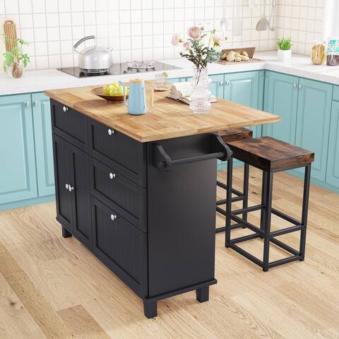 Kitchen Island Set with Drop Leaf and 2 Seatings,Dining Table Set with Storage Cabinet, Drawers and Towel Rack
